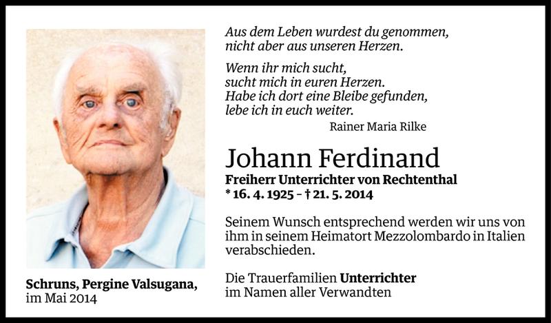  Todesanzeige für Johann Ferdinand Unterrichter vom 24.05.2014 aus Vorarlberger Nachrichten