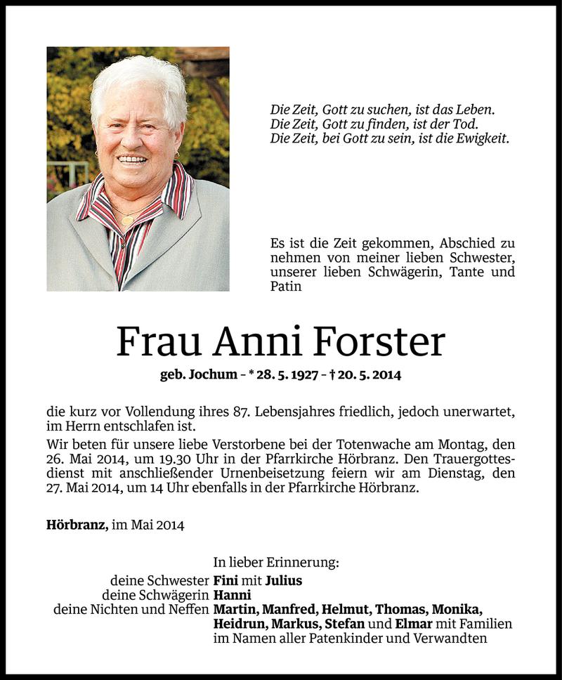  Todesanzeige für Anni Forster vom 23.05.2014 aus Vorarlberger Nachrichten