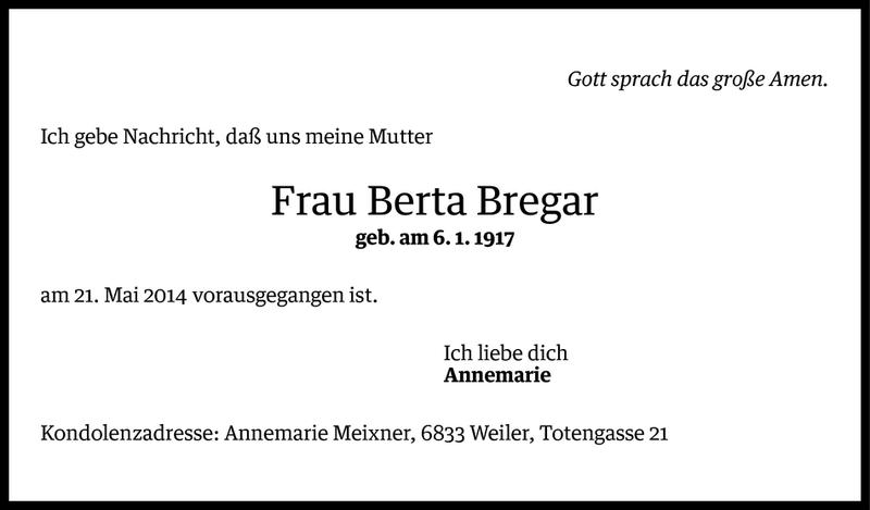  Todesanzeige für Berta Bregar vom 24.05.2014 aus Vorarlberger Nachrichten