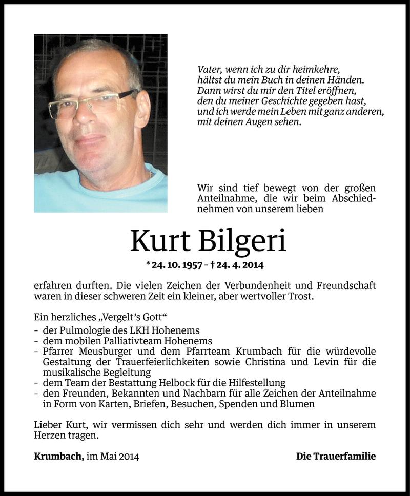 Todesanzeige für Kurt Bilgeri vom 23.05.2014 aus Vorarlberger Nachrichten