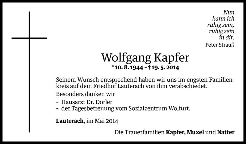  Todesanzeige für Wolfgang Kapfer vom 25.05.2014 aus Vorarlberger Nachrichten