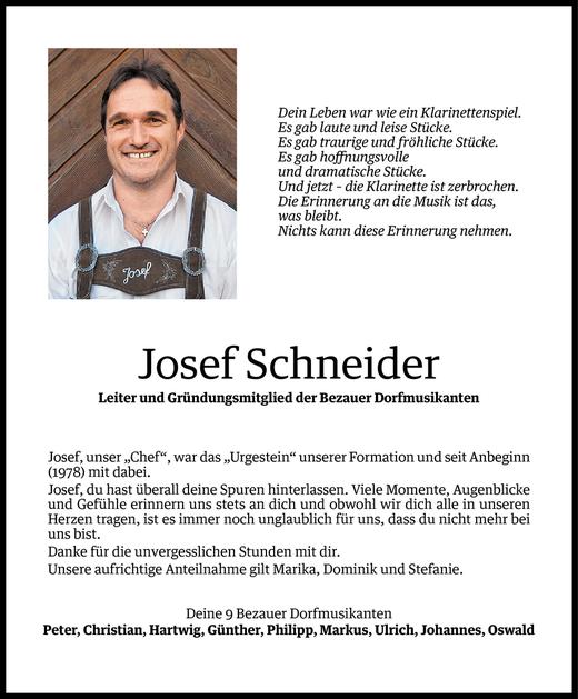 Todesanzeige von Josef Schneider von Vorarlberger Nachrichten