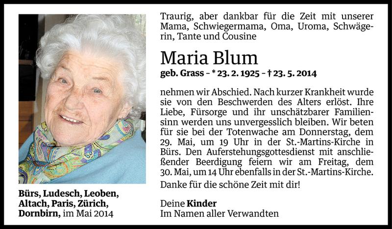  Todesanzeige für Maria Blum vom 27.05.2014 aus Vorarlberger Nachrichten