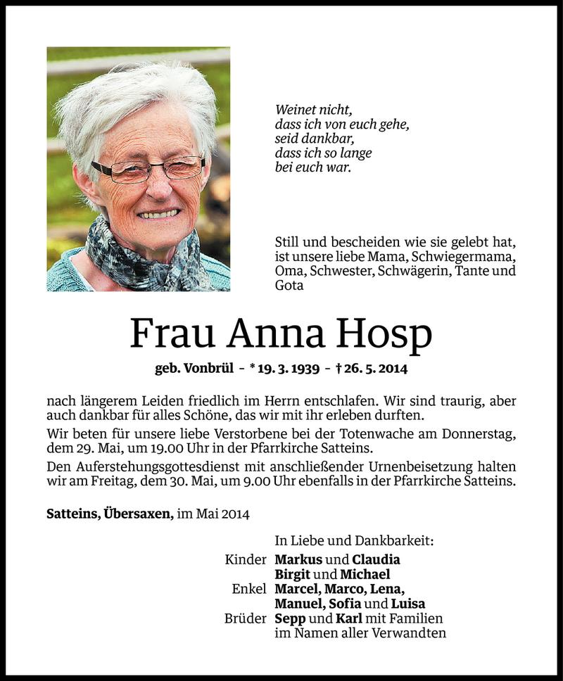  Todesanzeige für Anna Hosp vom 28.05.2014 aus Vorarlberger Nachrichten