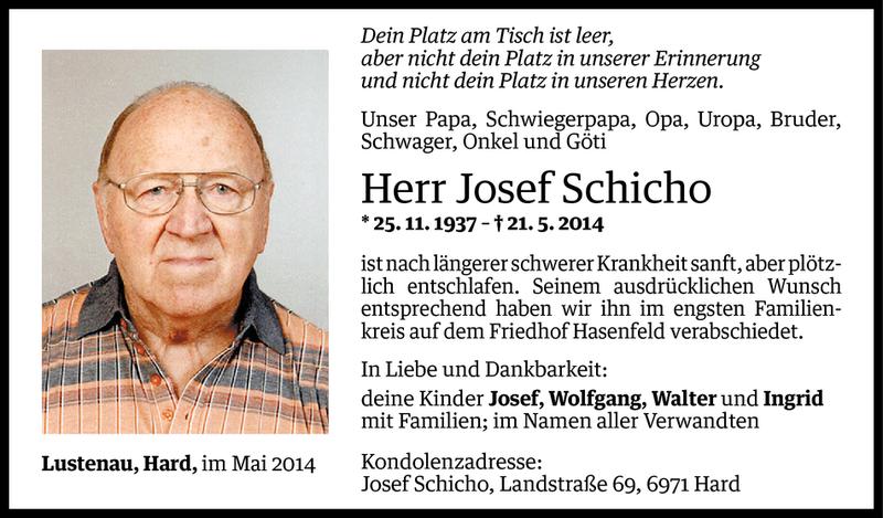  Todesanzeige für Josef Schicho vom 28.05.2014 aus Vorarlberger Nachrichten