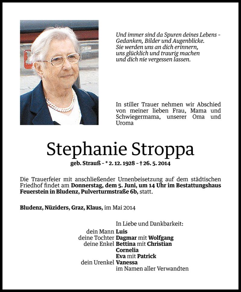  Todesanzeige für Stephanie Stroppa vom 02.06.2014 aus Vorarlberger Nachrichten