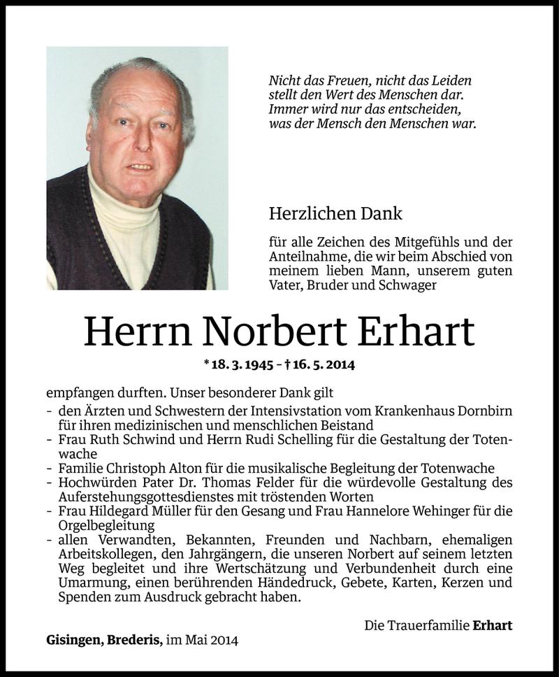  Todesanzeige für Norbert Erhart vom 27.05.2014 aus Vorarlberger Nachrichten