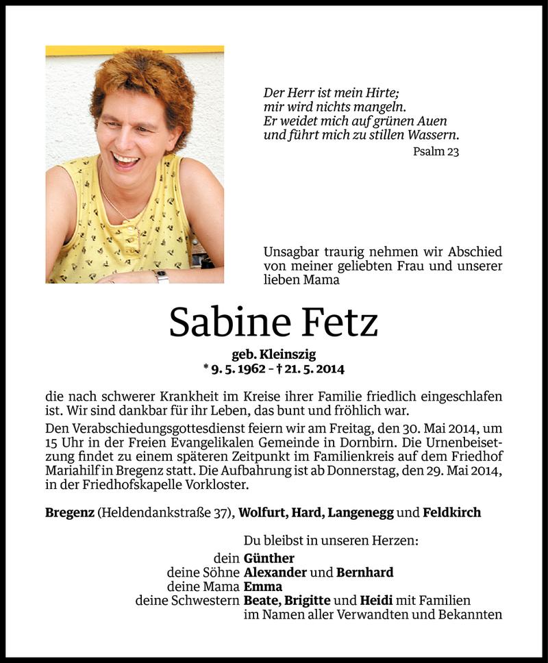  Todesanzeige für Sabine Fetz vom 27.05.2014 aus Vorarlberger Nachrichten