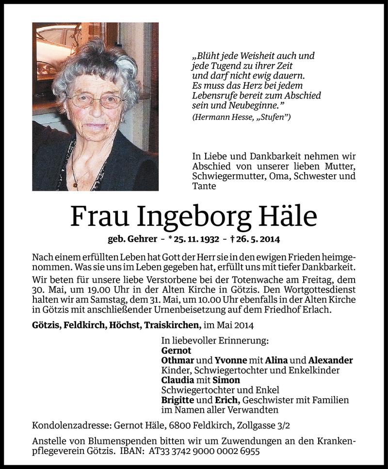  Todesanzeige für Ingeborg Häle vom 28.05.2014 aus Vorarlberger Nachrichten