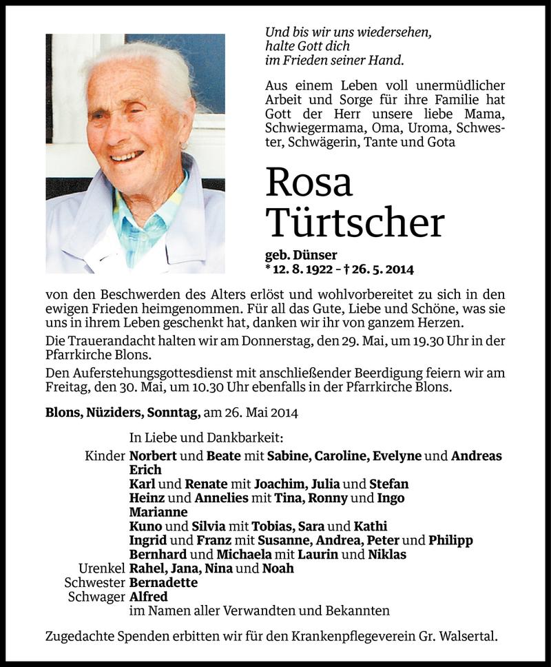  Todesanzeige für Rosa Türtscher vom 27.05.2014 aus Vorarlberger Nachrichten