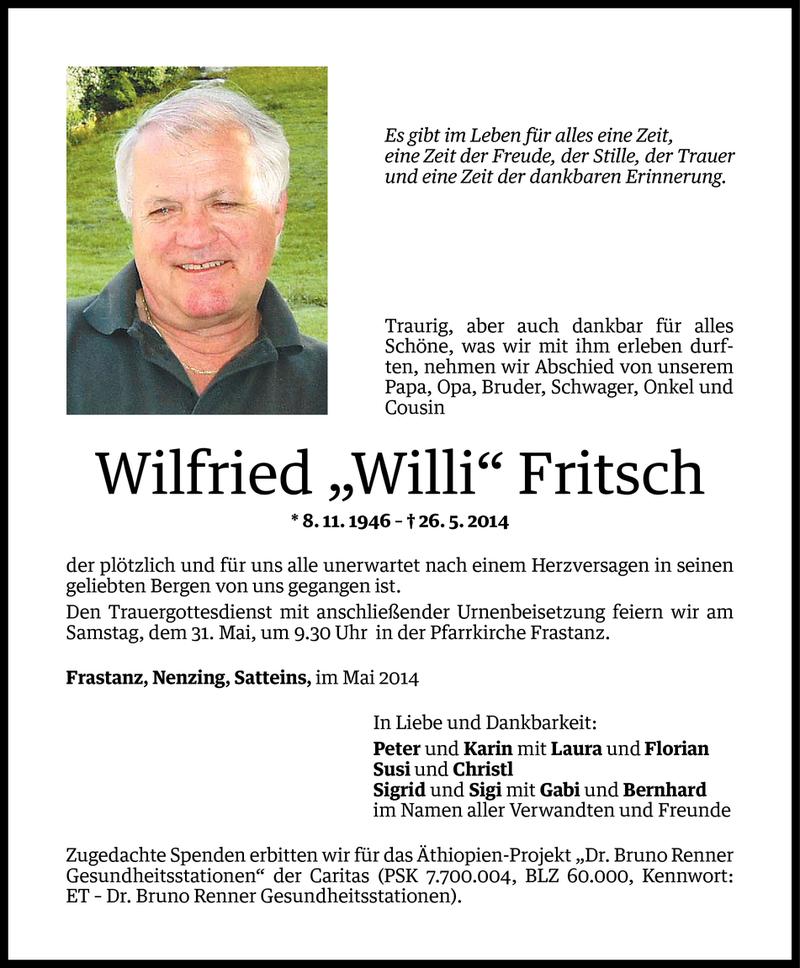  Todesanzeige für Wilfried Fritsch vom 28.05.2014 aus Vorarlberger Nachrichten