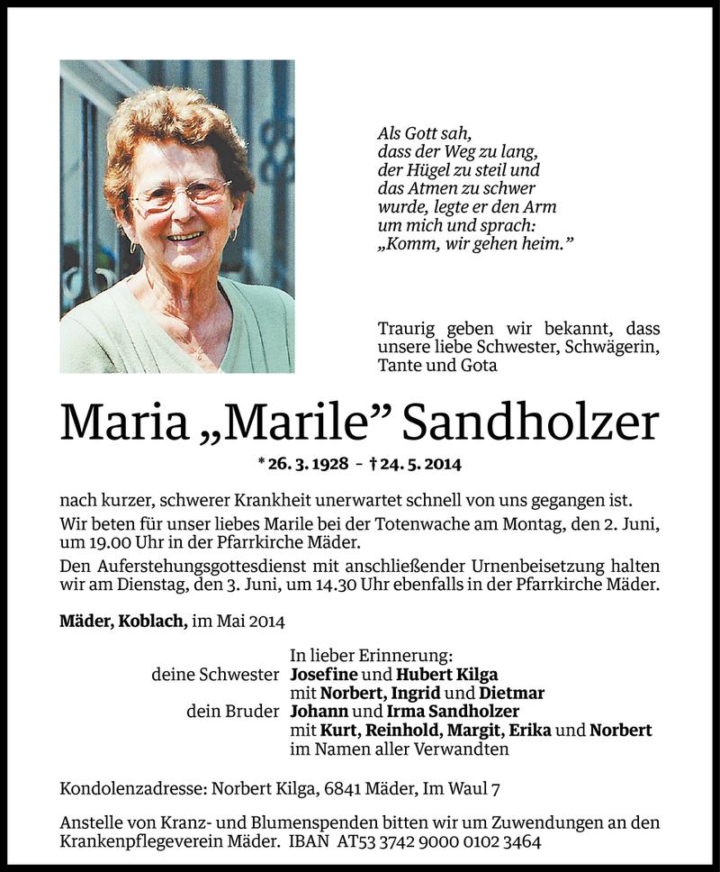  Todesanzeige für Maria Sandholzer vom 29.05.2014 aus Vorarlberger Nachrichten