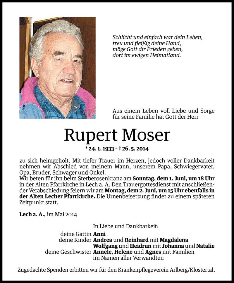  Todesanzeige für Rupert Moser vom 31.05.2014 aus Vorarlberger Nachrichten