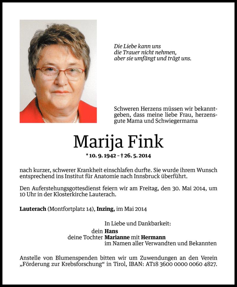  Todesanzeige für Marija Fink vom 28.05.2014 aus Vorarlberger Nachrichten