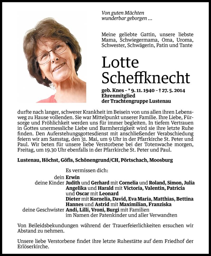  Todesanzeige für Lotte Scheffknecht vom 28.05.2014 aus Vorarlberger Nachrichten
