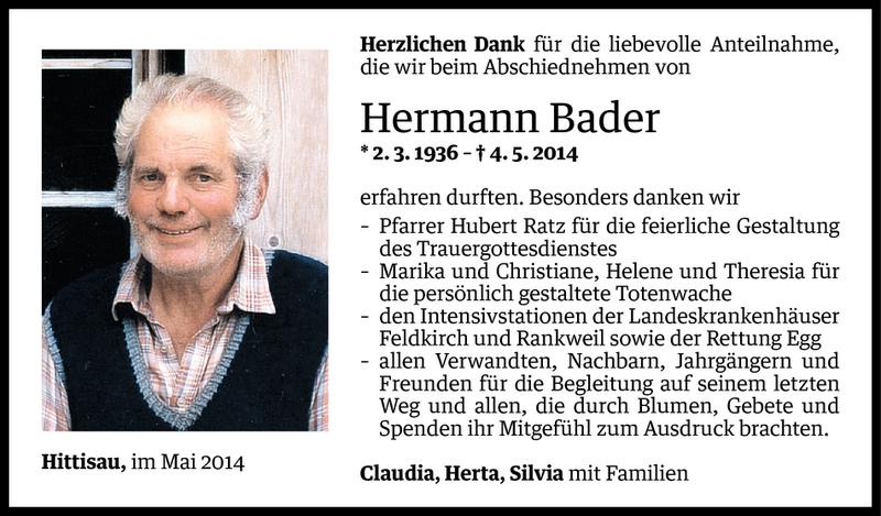  Todesanzeige für Hermann Bader vom 28.05.2014 aus Vorarlberger Nachrichten