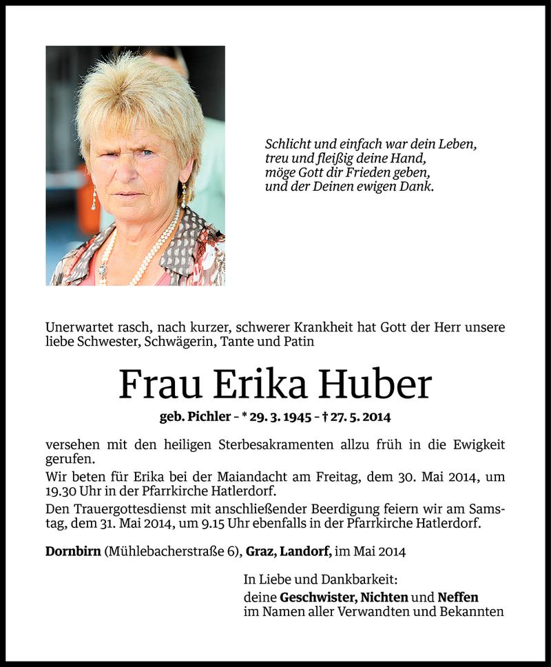  Todesanzeige für Erika Huber vom 28.05.2014 aus Vorarlberger Nachrichten