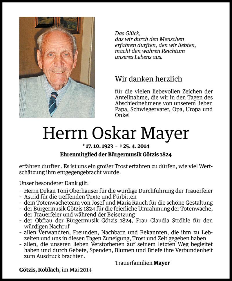  Todesanzeige für Oskar Mayer vom 29.05.2014 aus Vorarlberger Nachrichten