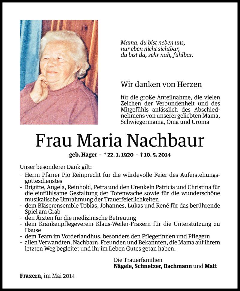  Todesanzeige für Maria Nachbaur vom 31.05.2014 aus Vorarlberger Nachrichten