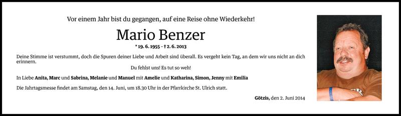  Todesanzeige für Mario Benzer vom 01.06.2014 aus Vorarlberger Nachrichten