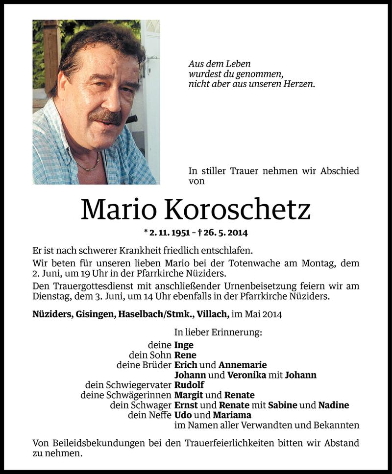  Todesanzeige für Mario Koroschetz vom 31.05.2014 aus Vorarlberger Nachrichten