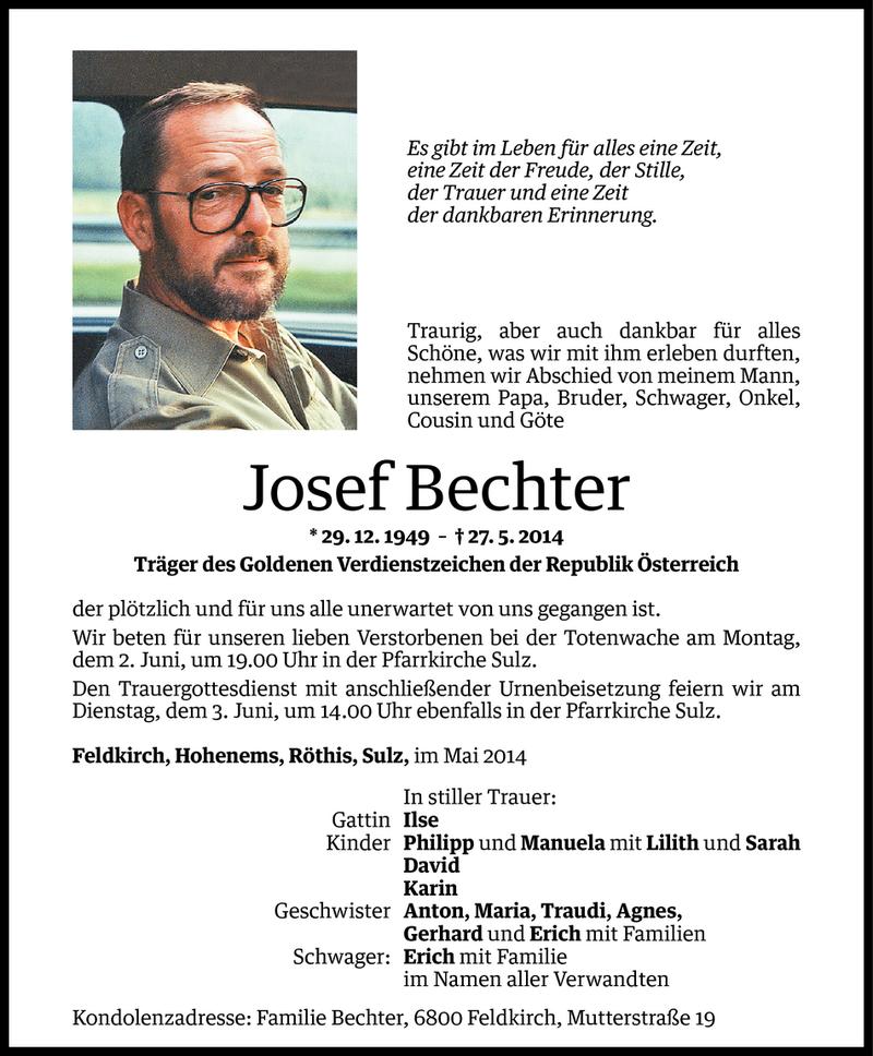  Todesanzeige für Josef Bechter vom 31.05.2014 aus Vorarlberger Nachrichten