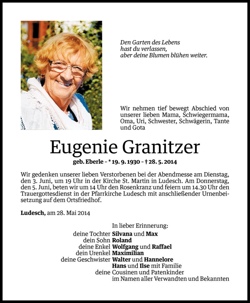  Todesanzeige für Eugenie Granitzer vom 30.05.2014 aus Vorarlberger Nachrichten