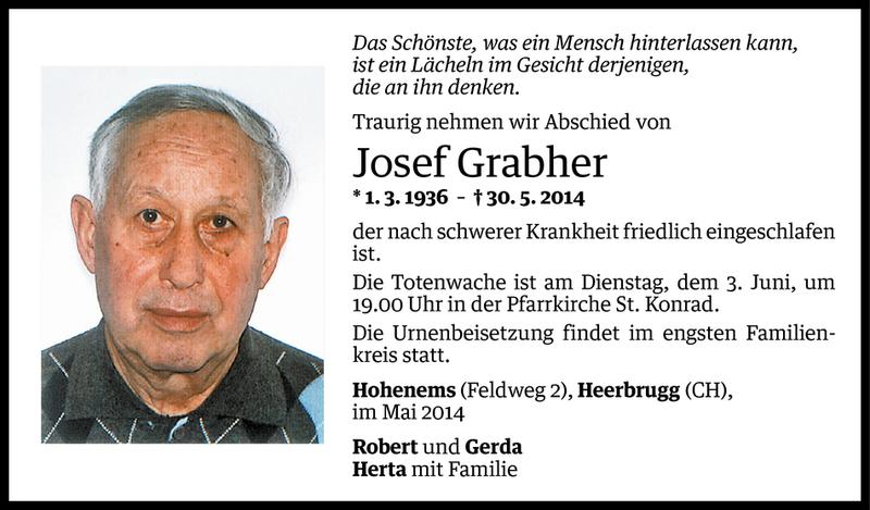  Todesanzeige für Josef Grabher vom 31.05.2014 aus Vorarlberger Nachrichten