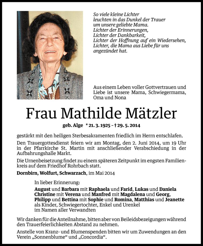  Todesanzeige für Mathilde Mätzler vom 30.05.2014 aus Vorarlberger Nachrichten