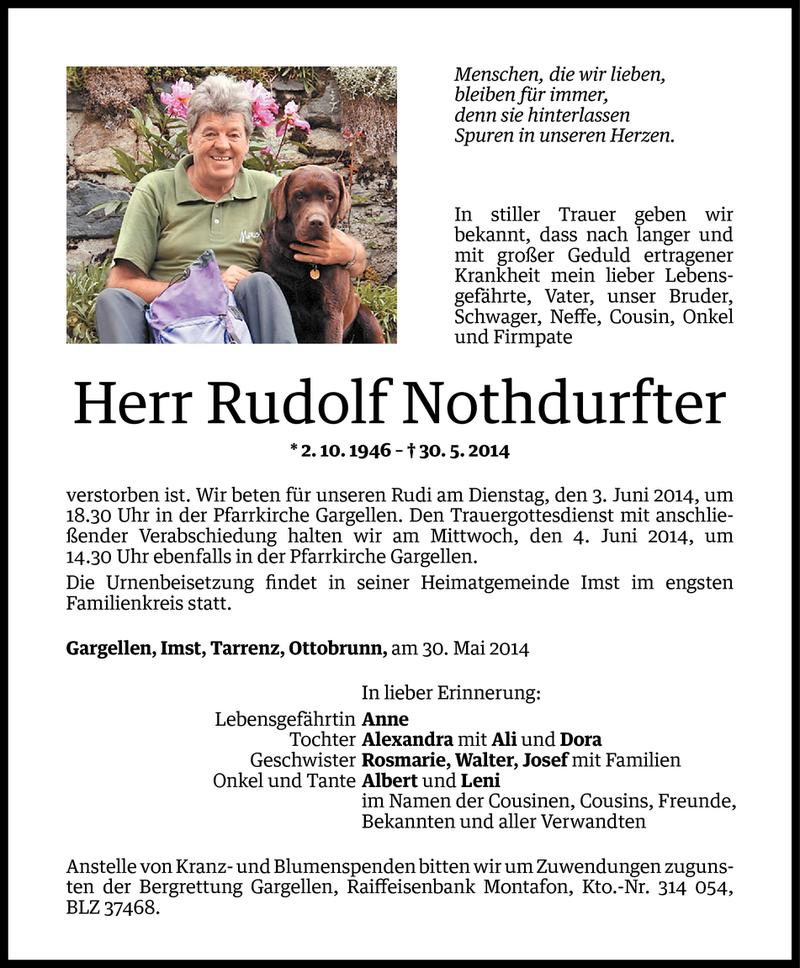  Todesanzeige für Rudolf Nothdurfter vom 01.06.2014 aus Vorarlberger Nachrichten