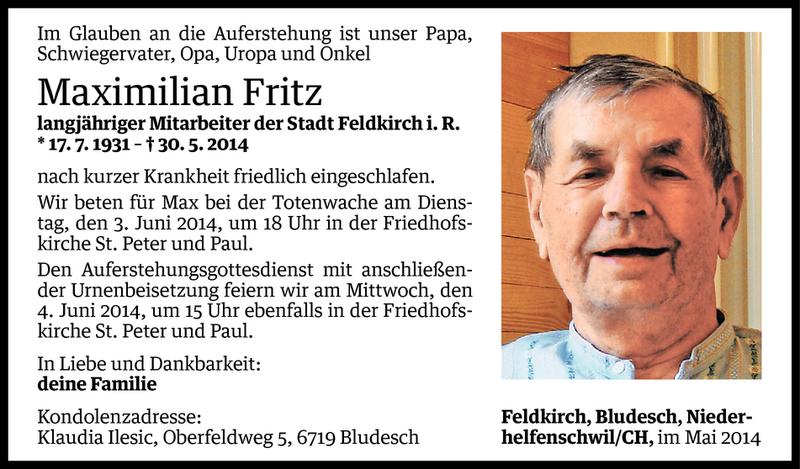  Todesanzeige für Maximilian Fritz vom 01.06.2014 aus Vorarlberger Nachrichten