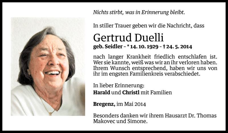  Todesanzeige für Gertrud Duelli vom 02.06.2014 aus Vorarlberger Nachrichten