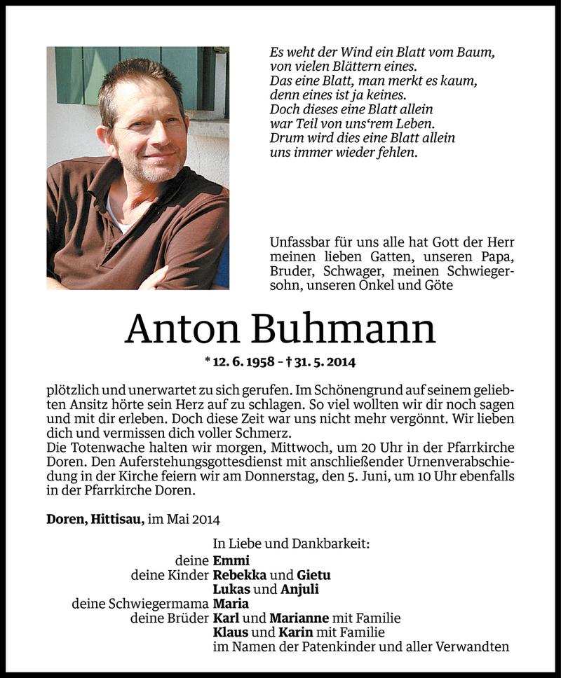  Todesanzeige für Anton Buhmann vom 02.06.2014 aus Vorarlberger Nachrichten