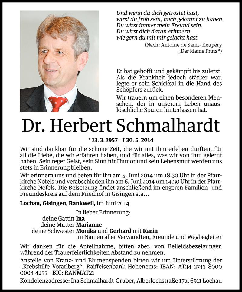  Todesanzeige für Herbert Schmalhardt vom 02.06.2014 aus Vorarlberger Nachrichten