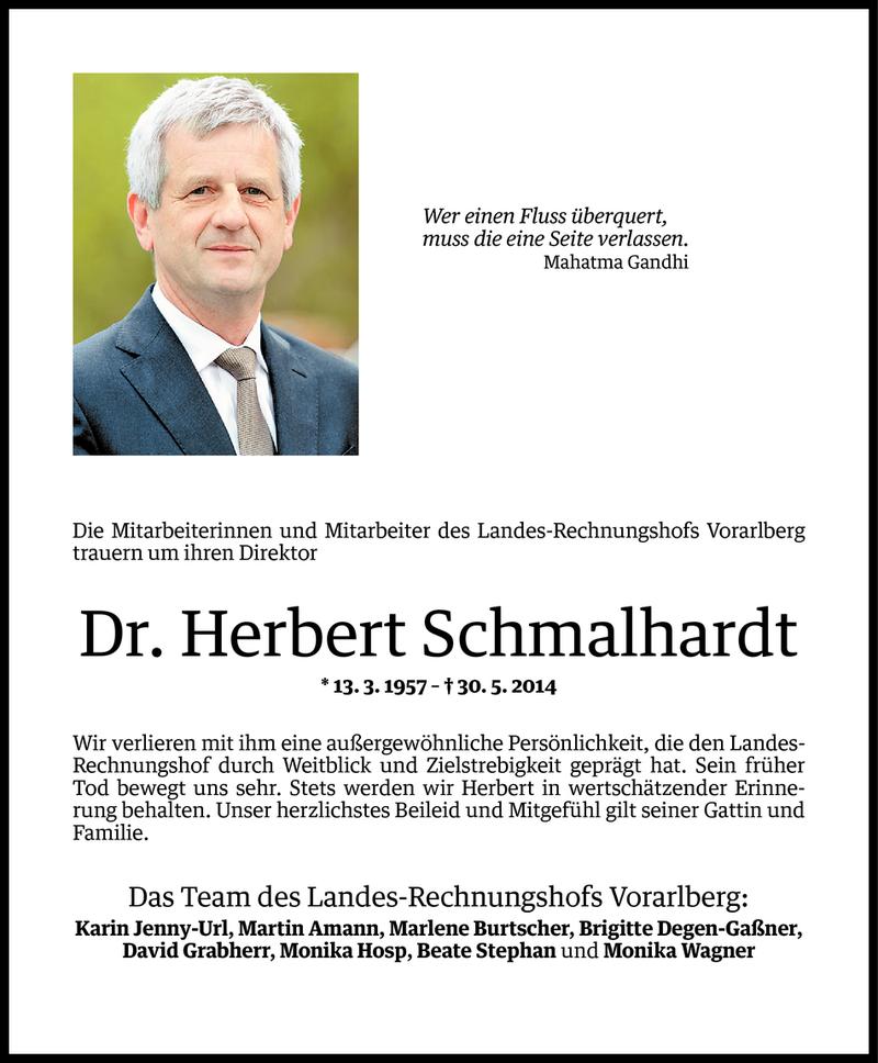  Todesanzeige für Herbert Schmalhardt vom 02.06.2014 aus Vorarlberger Nachrichten