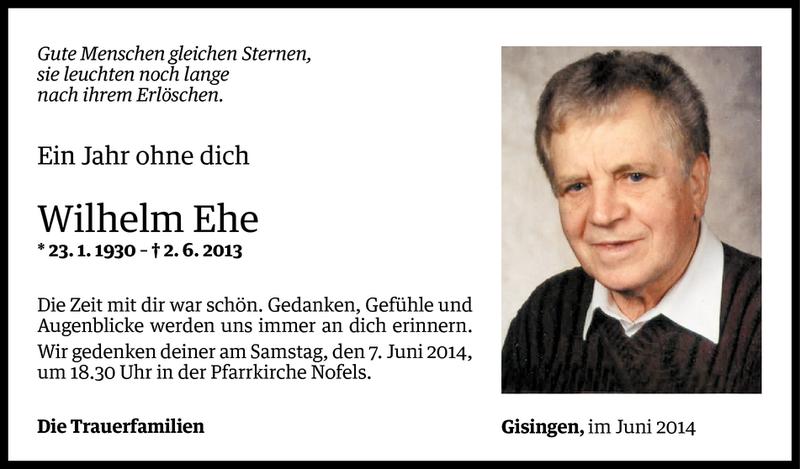  Todesanzeige für Wilhelm Ehe vom 03.06.2014 aus Vorarlberger Nachrichten