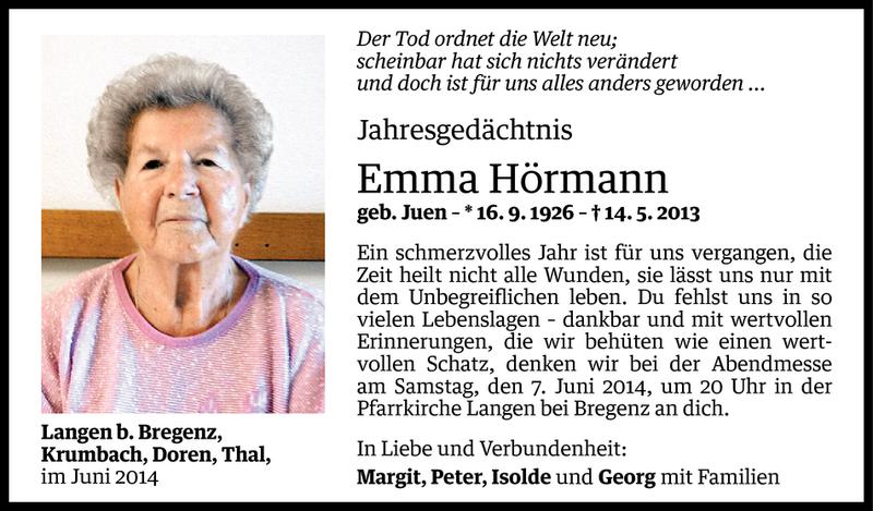  Todesanzeige für Emma Hörmann vom 04.06.2014 aus Vorarlberger Nachrichten