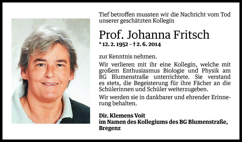  Todesanzeige für Johanna Fritsch vom 06.06.2014 aus Vorarlberger Nachrichten