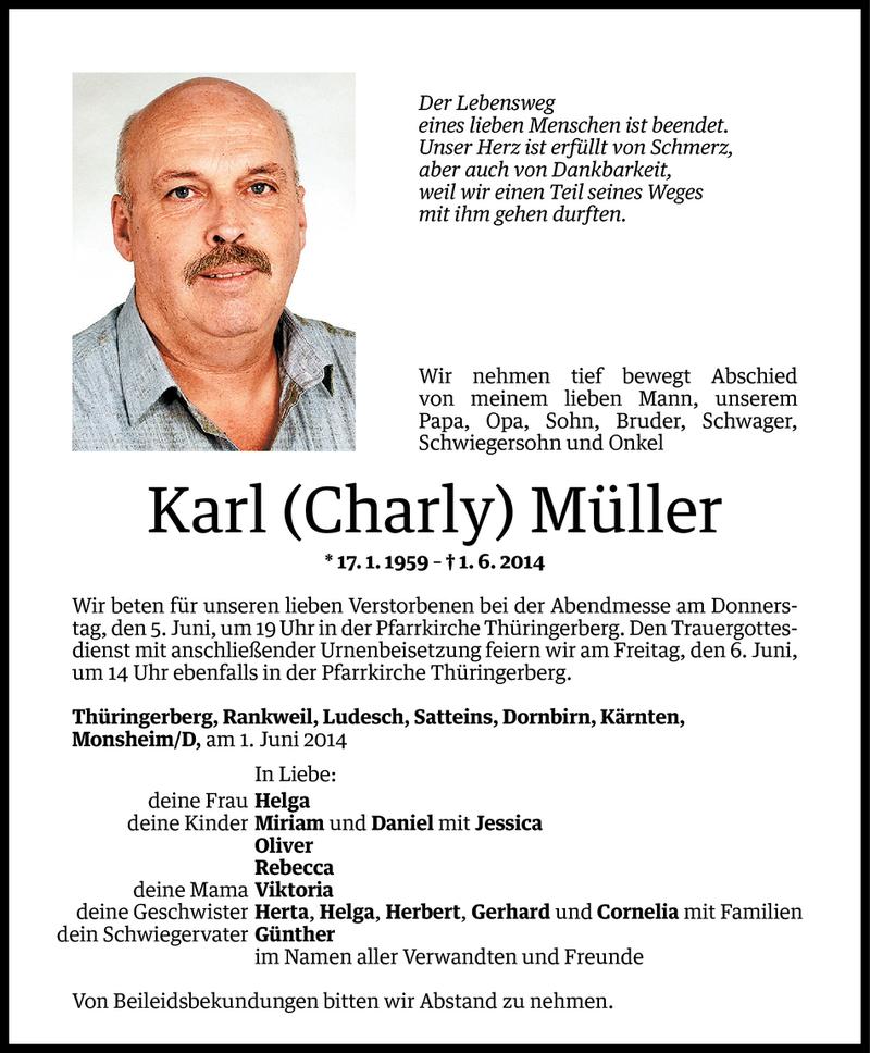  Todesanzeige für Karl Müller vom 03.06.2014 aus Vorarlberger Nachrichten