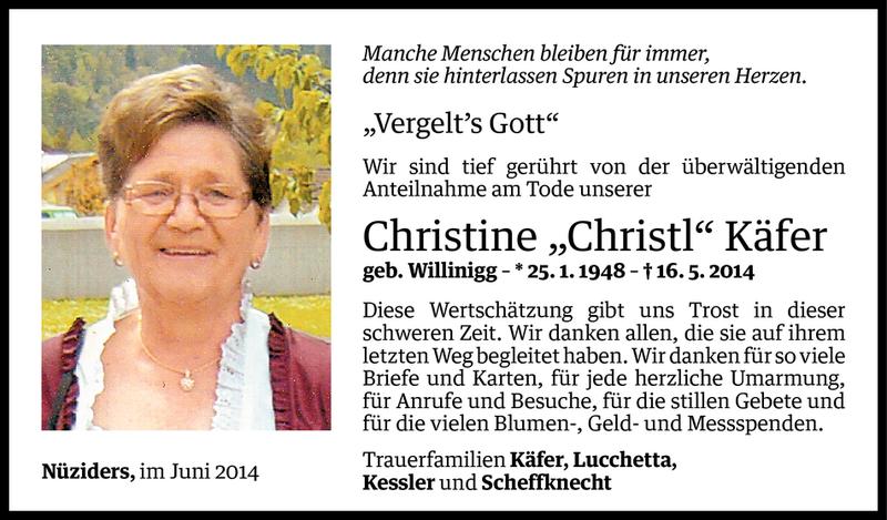  Todesanzeige für Christine Käfer vom 04.06.2014 aus Vorarlberger Nachrichten