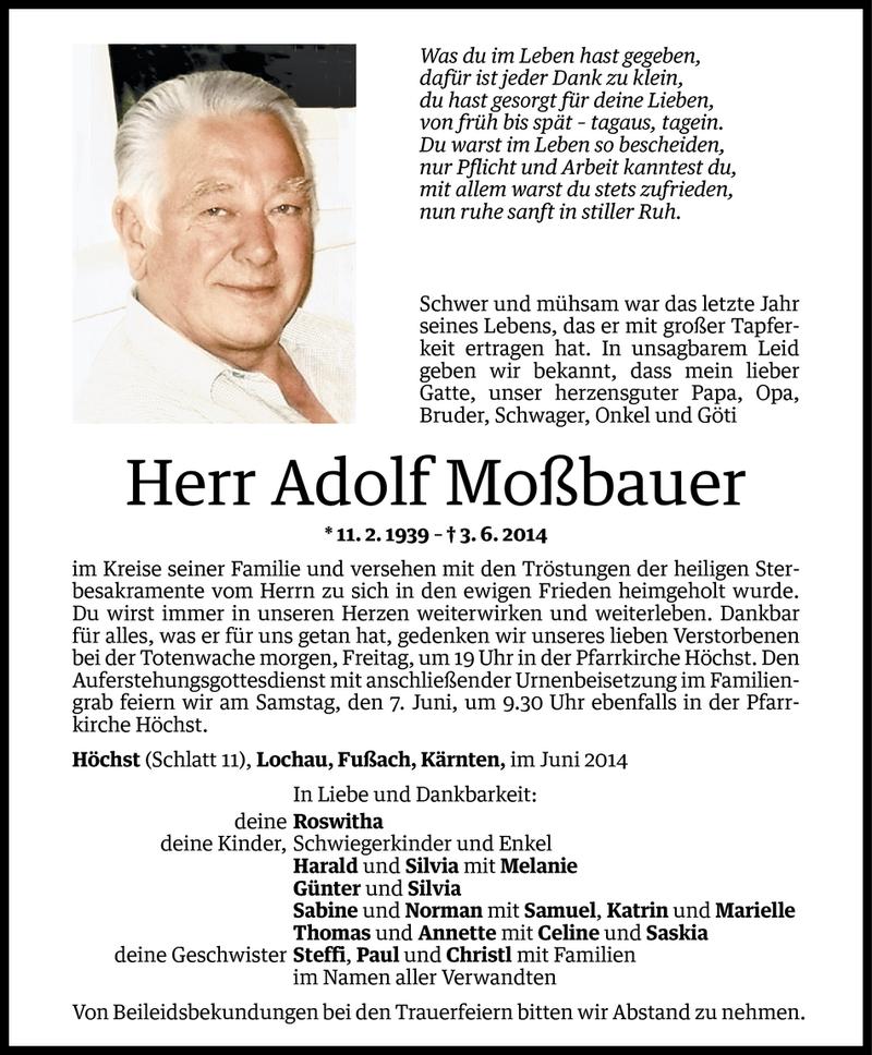  Todesanzeige für Adolf Moßbauer vom 04.06.2014 aus Vorarlberger Nachrichten