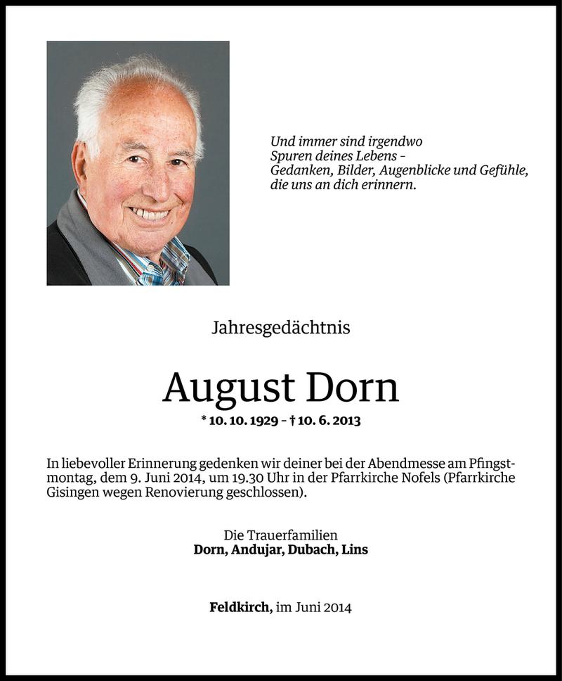  Todesanzeige für August Dorn vom 06.06.2014 aus Vorarlberger Nachrichten