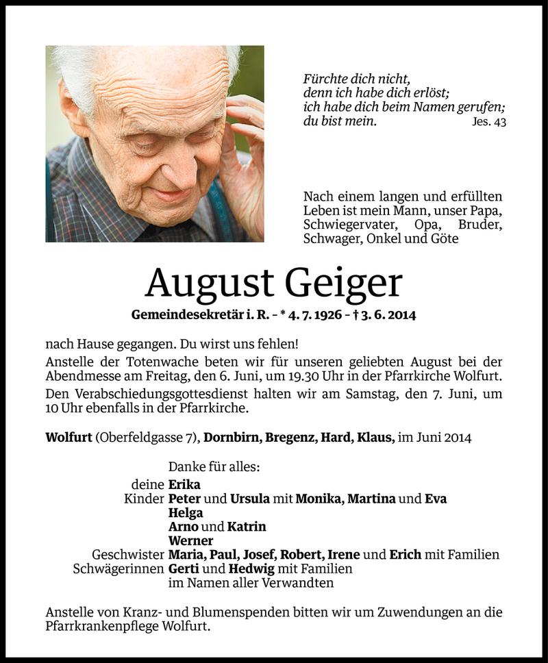  Todesanzeige für August Geiger vom 04.06.2014 aus Vorarlberger Nachrichten