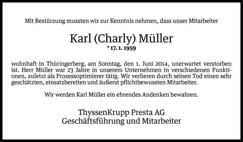  Todesanzeige für Karl Müller vom 04.06.2014 aus Vorarlberger Nachrichten