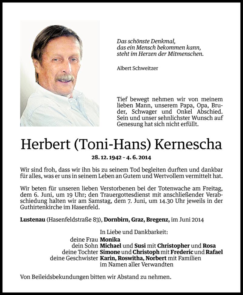  Todesanzeige für Herbert Kernescha vom 04.06.2014 aus Vorarlberger Nachrichten