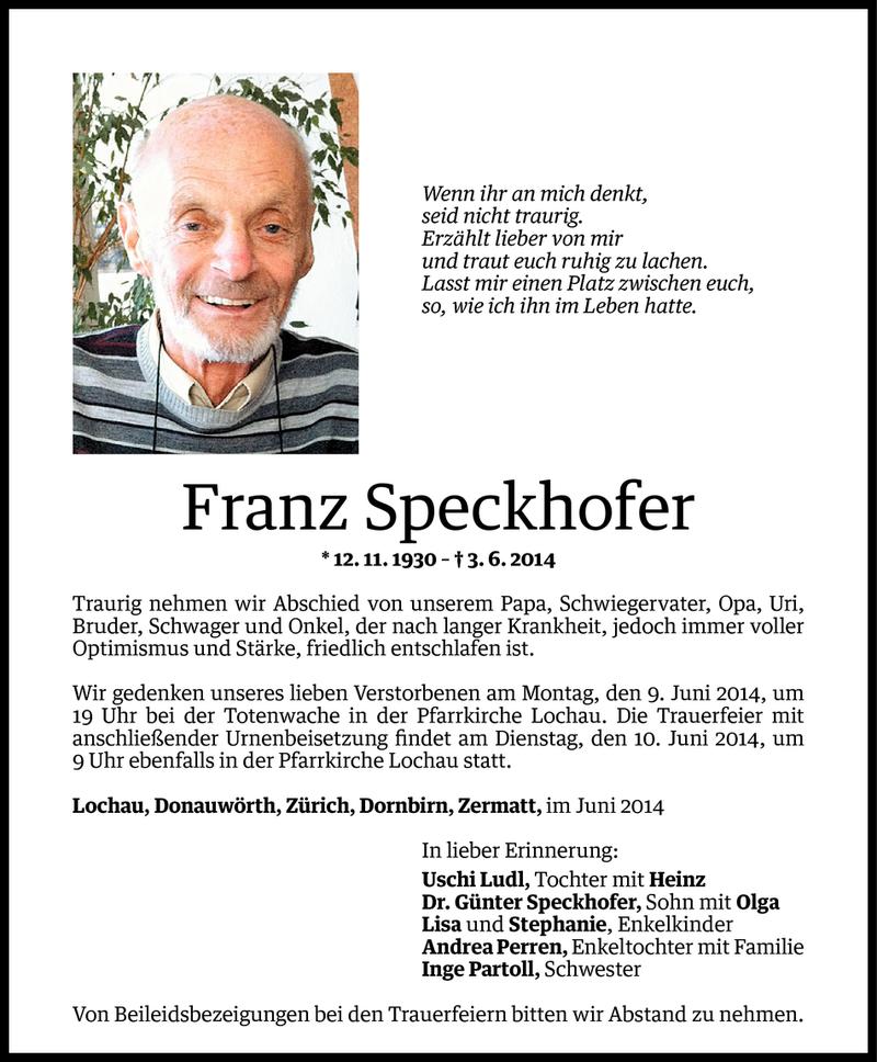  Todesanzeige für Franz Speckhofer vom 06.06.2014 aus Vorarlberger Nachrichten