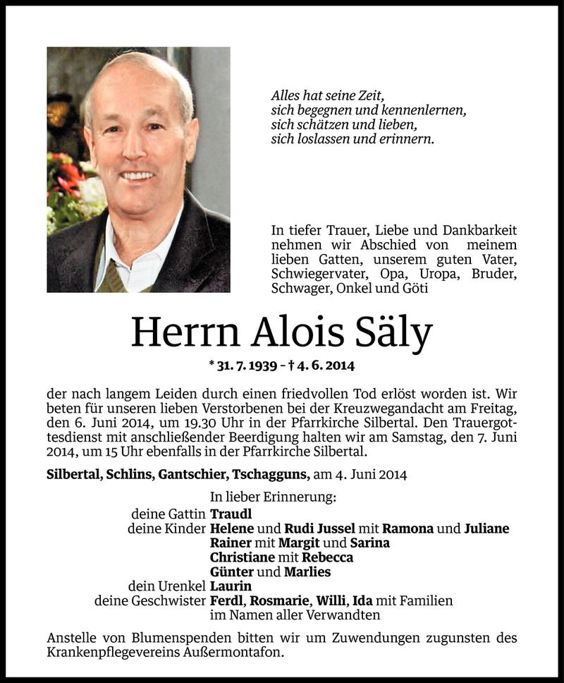  Todesanzeige für Alois Säly vom 05.06.2014 aus Vorarlberger Nachrichten