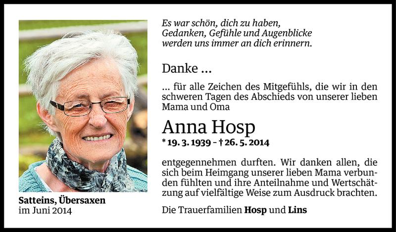  Todesanzeige für Anna Hosp vom 07.06.2014 aus Vorarlberger Nachrichten