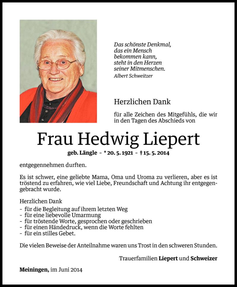  Todesanzeige für Hedwig Liepert vom 07.06.2014 aus Vorarlberger Nachrichten