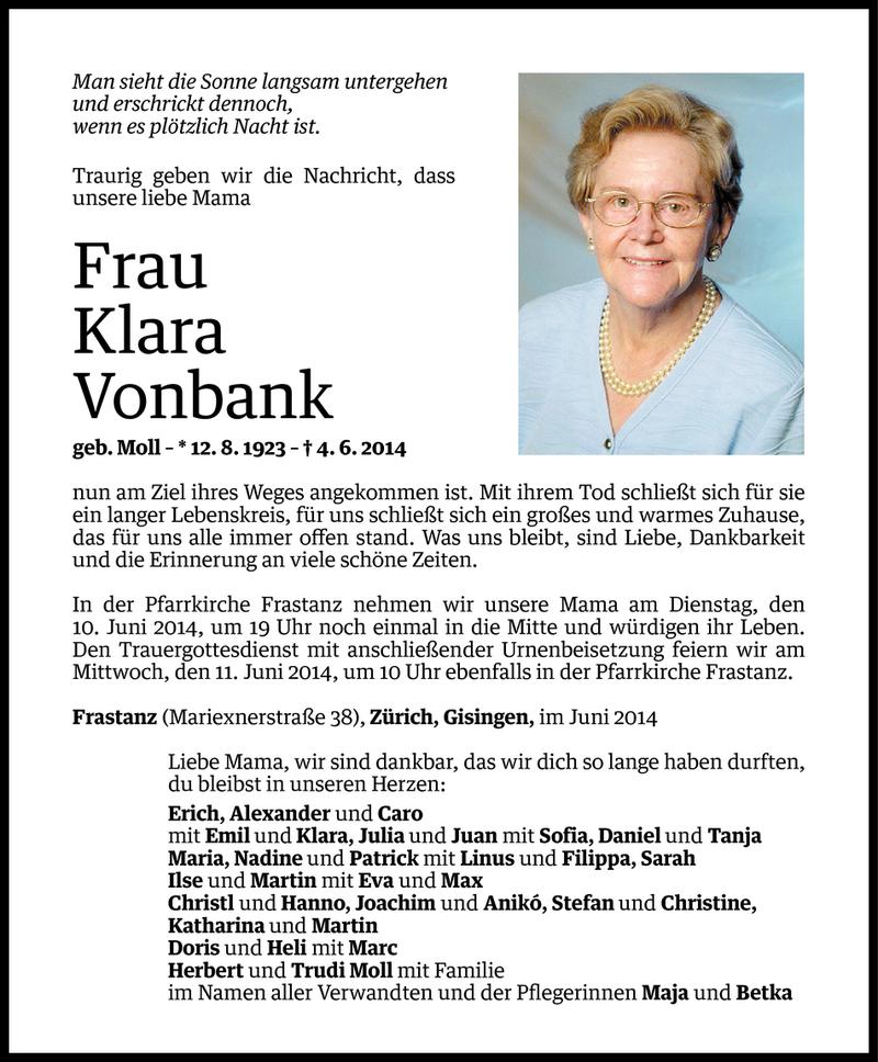  Todesanzeige für Klara Vonbank vom 07.06.2014 aus Vorarlberger Nachrichten